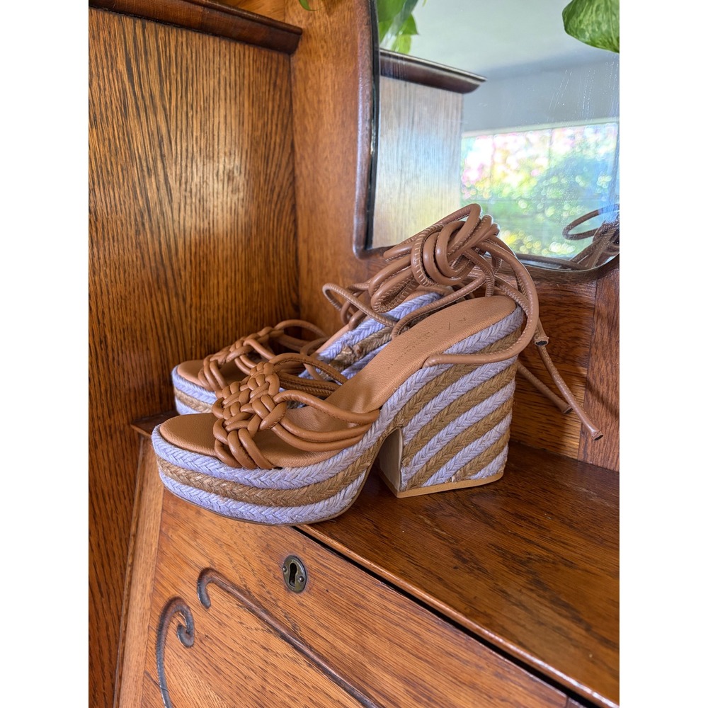 Anthropologie Woven Leather Lace Up Espadrille Platform Sandals Tan Purple 6